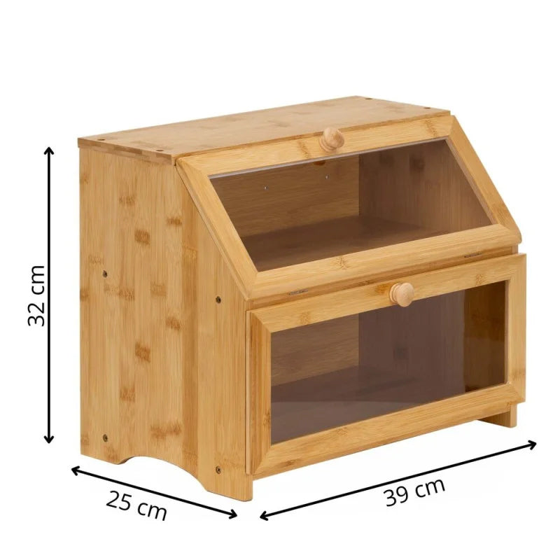Cutie pentru paine cu 2 niveluri din bambus, cu ferestre transparente si inchidere magnetica, 39x25x32 cm, natur