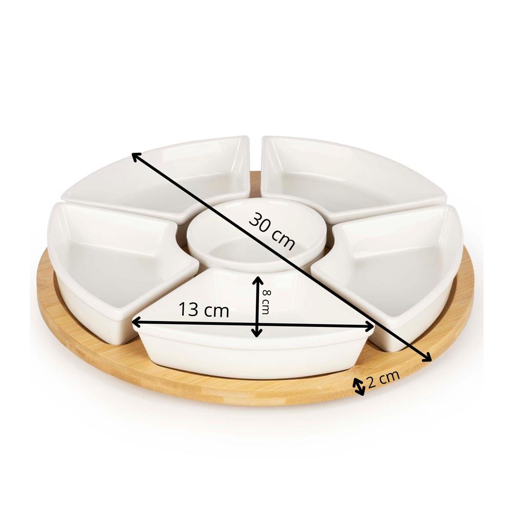 Set servire rotativ cu platou din bambus si 6 boluri din portelan, 30 cm, maro natur si alb