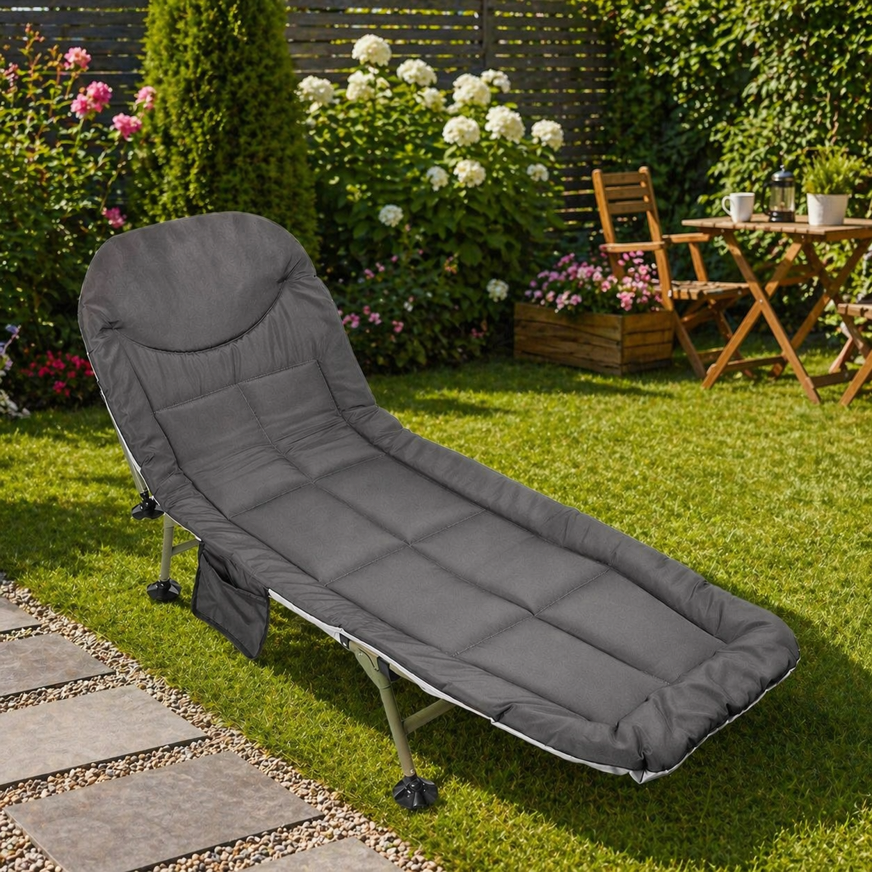 Pat pliabil camping cu saltea, reglabil 5 pozitii, cadru otel, maxim 100 kg, 200x64x30 cm, gri