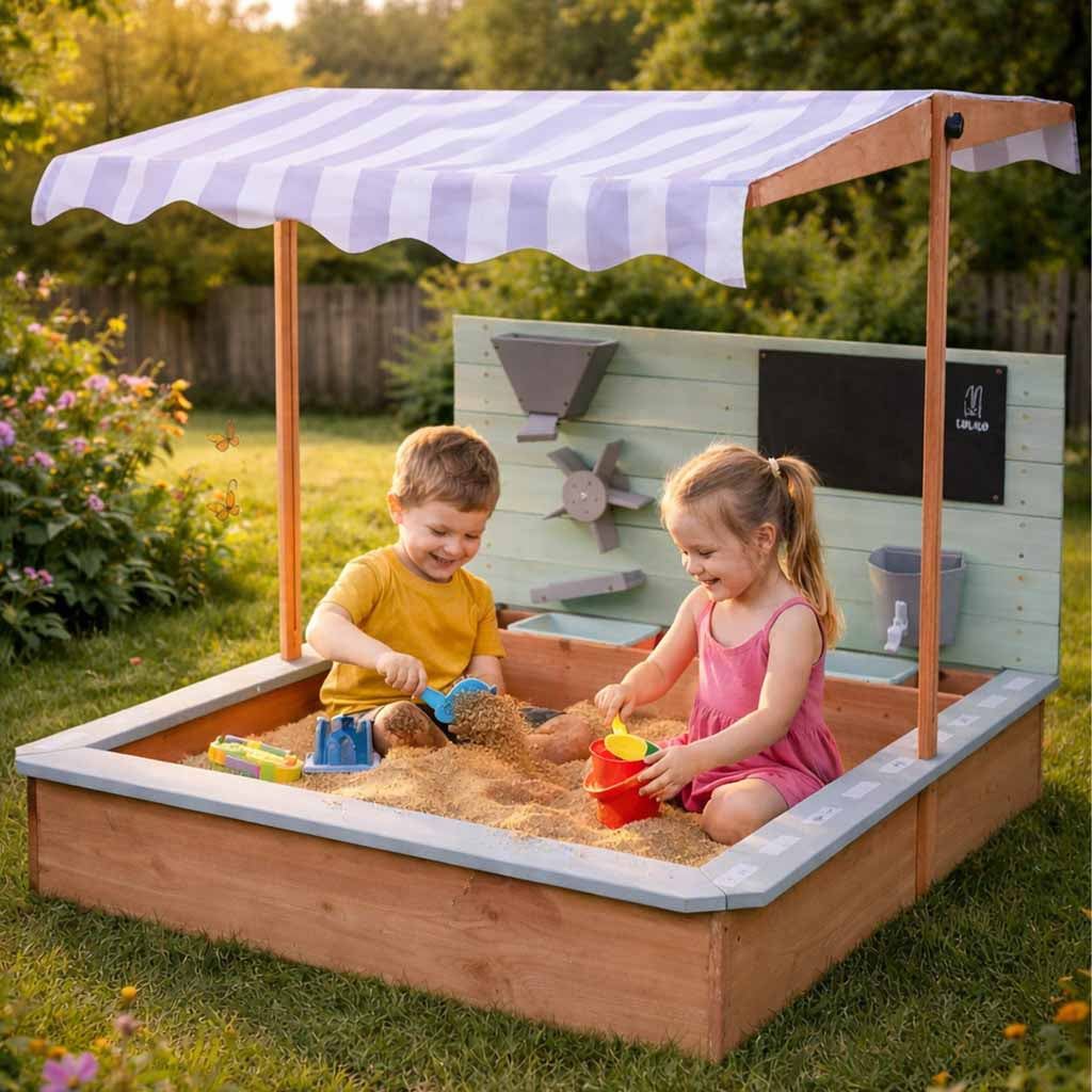 Ladita nisip din lemn cu baldachin reglabil, tablie de scris, robinet si moara nisip, 120x120x120 cm, maro
