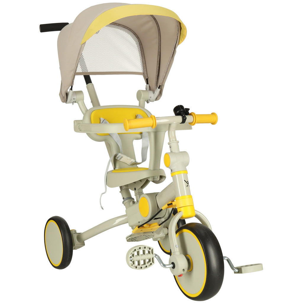 Tricicleta copii 6in1, 70x31x89 cm, cu ghidon reglabil, sezut cu spatar si copertina, cadru metalic, galben-gri