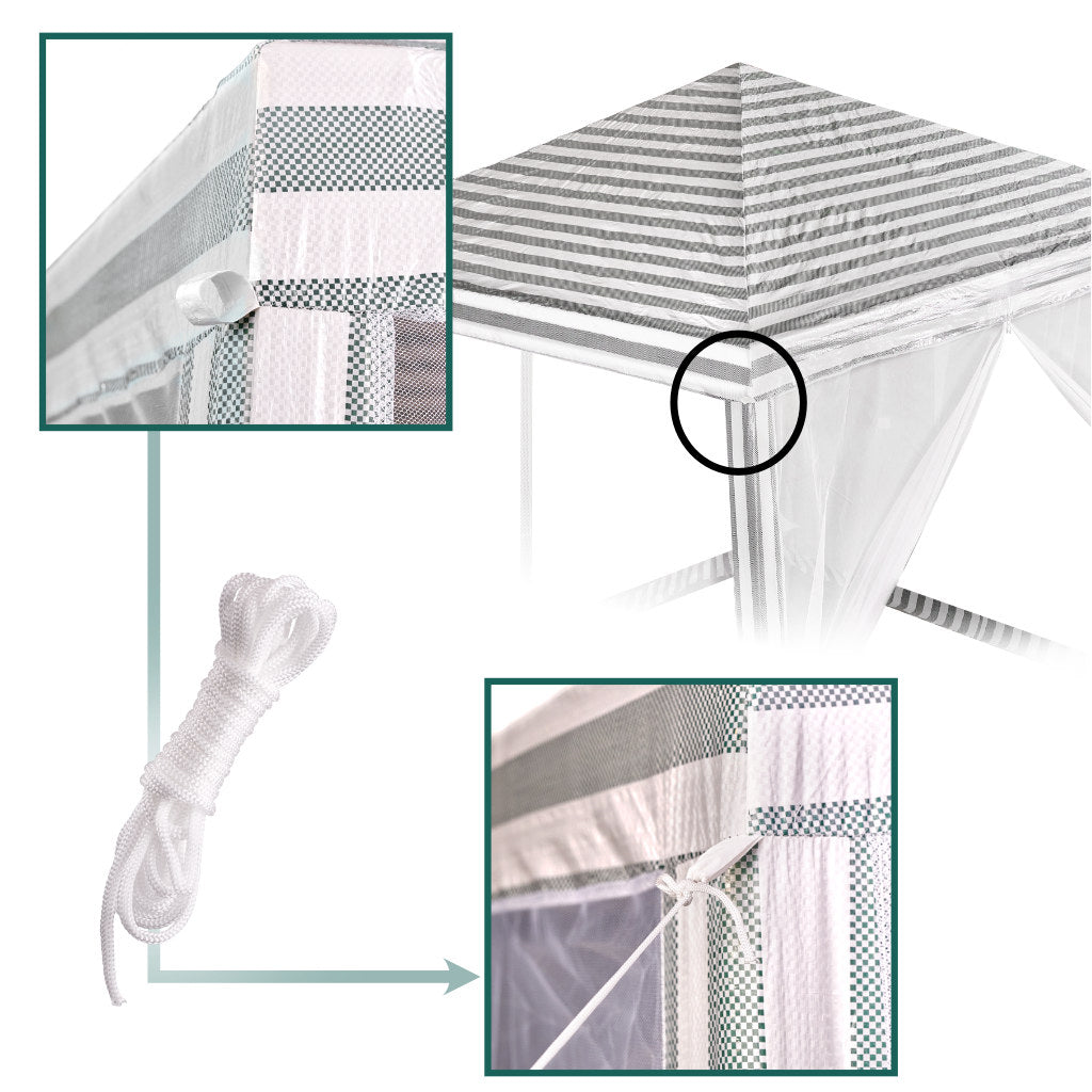 Cort pavilion gradina, pereti cu plasa anti insecte si structura metalica, 3x3 m, alb si verde