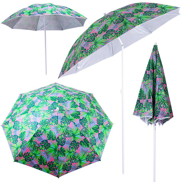 Umbrela de plaja pliabila, cu inclinare si inaltime reglabila, diametru 150 cm, verde cu imprimeu frunze verzi