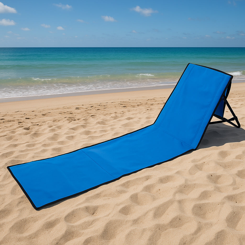 Sezlong pliabil cu spatar pentru plaja, material impermeabil, 150x47 cm, albastru inchis