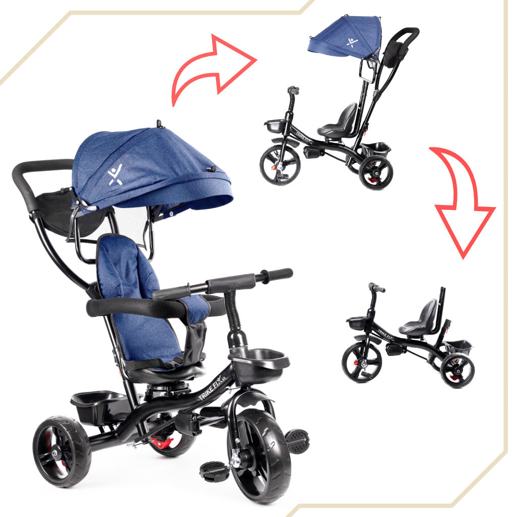 Tricicleta 3in1 105x52x94 cm, cu sezut rotativ 360°, roti fara aer, copertina reglabila, bleumarin