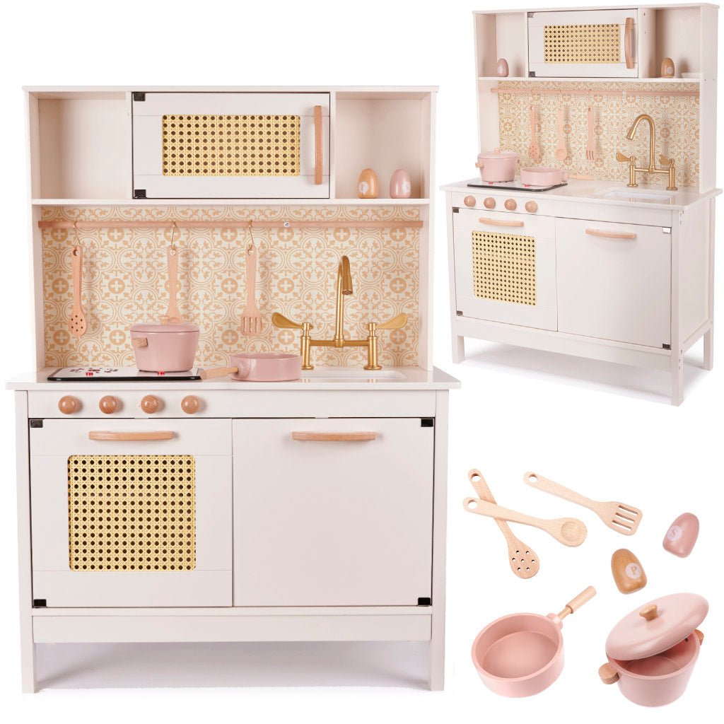 Bucatarie din lemn pentru copii 100x68x29 cm, cu accesorii si efecte luminoase, stil retro, MDF si plastic, boho, crem