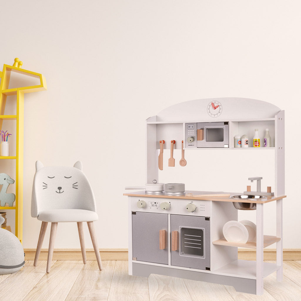 Bucatarie din lemn pentru copii cu accesorii, MDF si lemn, 68x25x82 cm, gri si alb