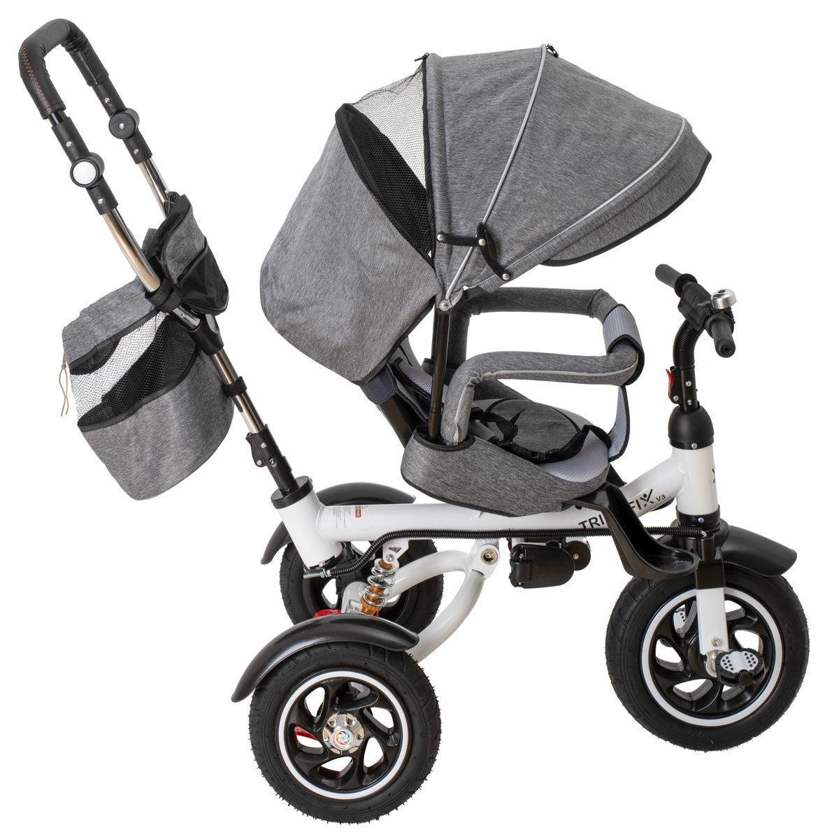 Tricicleta 3in1 105x52x94 cm, sezut rotativ 360°, roti fara aer, copertina reglabila, gri