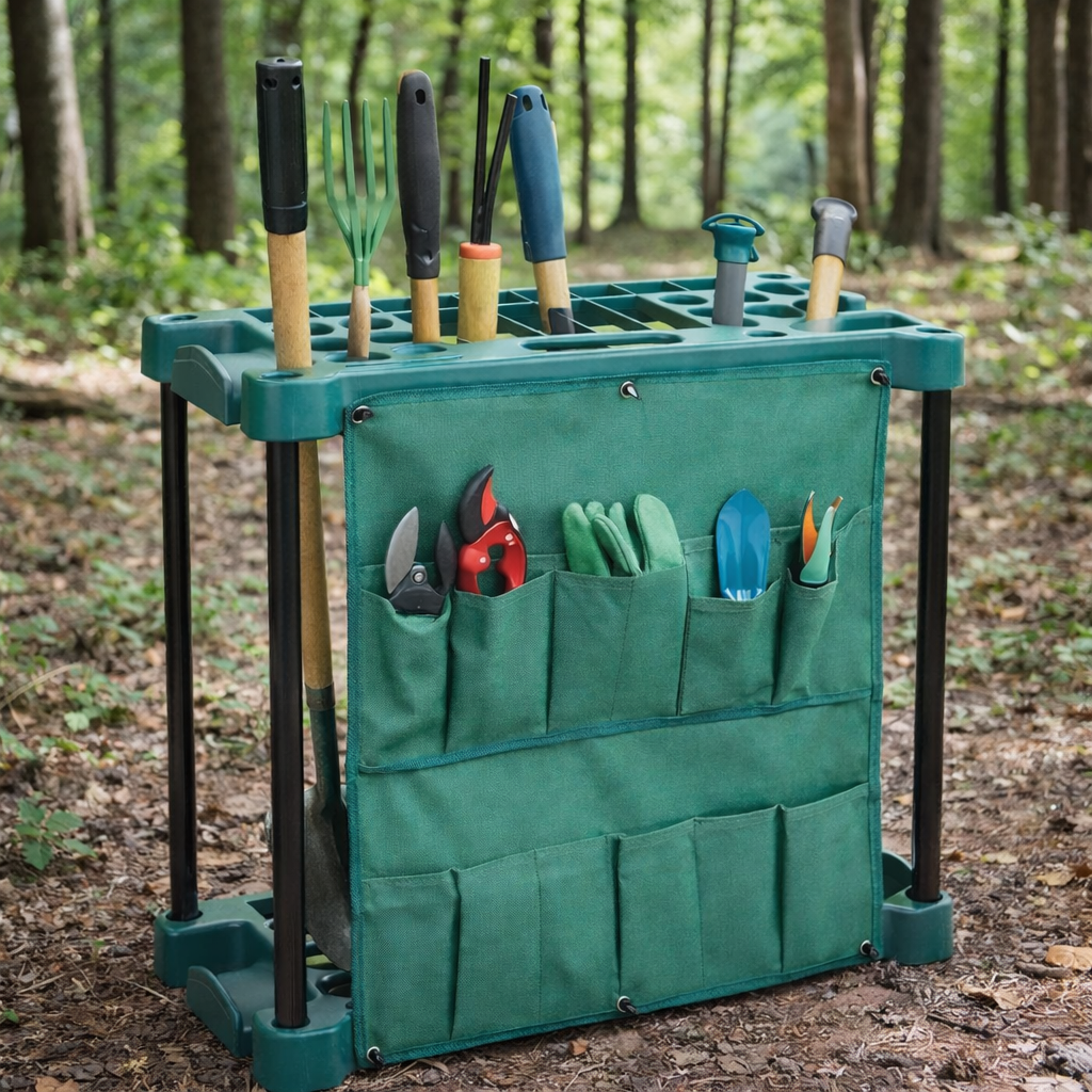 Organizator suport compact pentru unelte de gradina, cu buzunare, cadru metalic, 58x31x60 cm