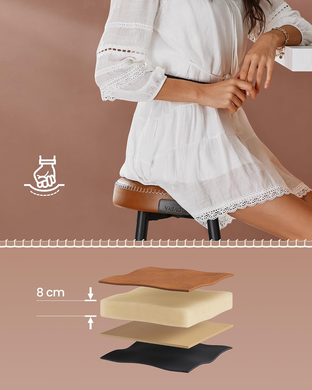VASAGLE Set 2 scaune bar EKHO, tapiterie PU, cadru metalic, 50x50x63 cm, maro caramel
