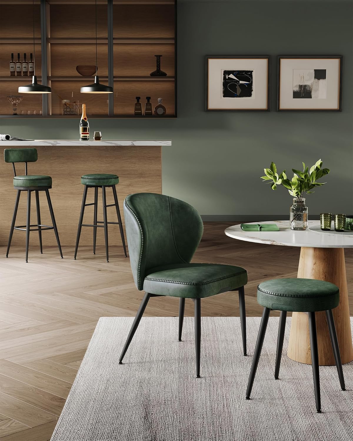 VASAGLE set 2 scaune de bar rotative 360°, cu spatar, inaltime 101 cm, piele sintetica, cadru otel, stil modern, verde