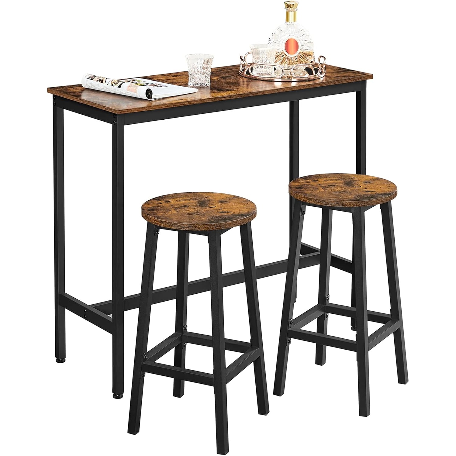 VASAGLE Set masa bar cu 2 scaune rotunde, cadru metalic, stil industrial, 100x40x90 cm, maro rustic