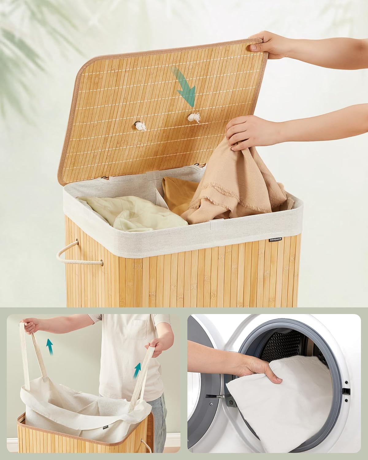 SONGMICS Cos de rufe cu capac, 2 compartimente, bambus, 120 l, pliabil, sac textil detasabil, 50x40x61 cm, maro natur
