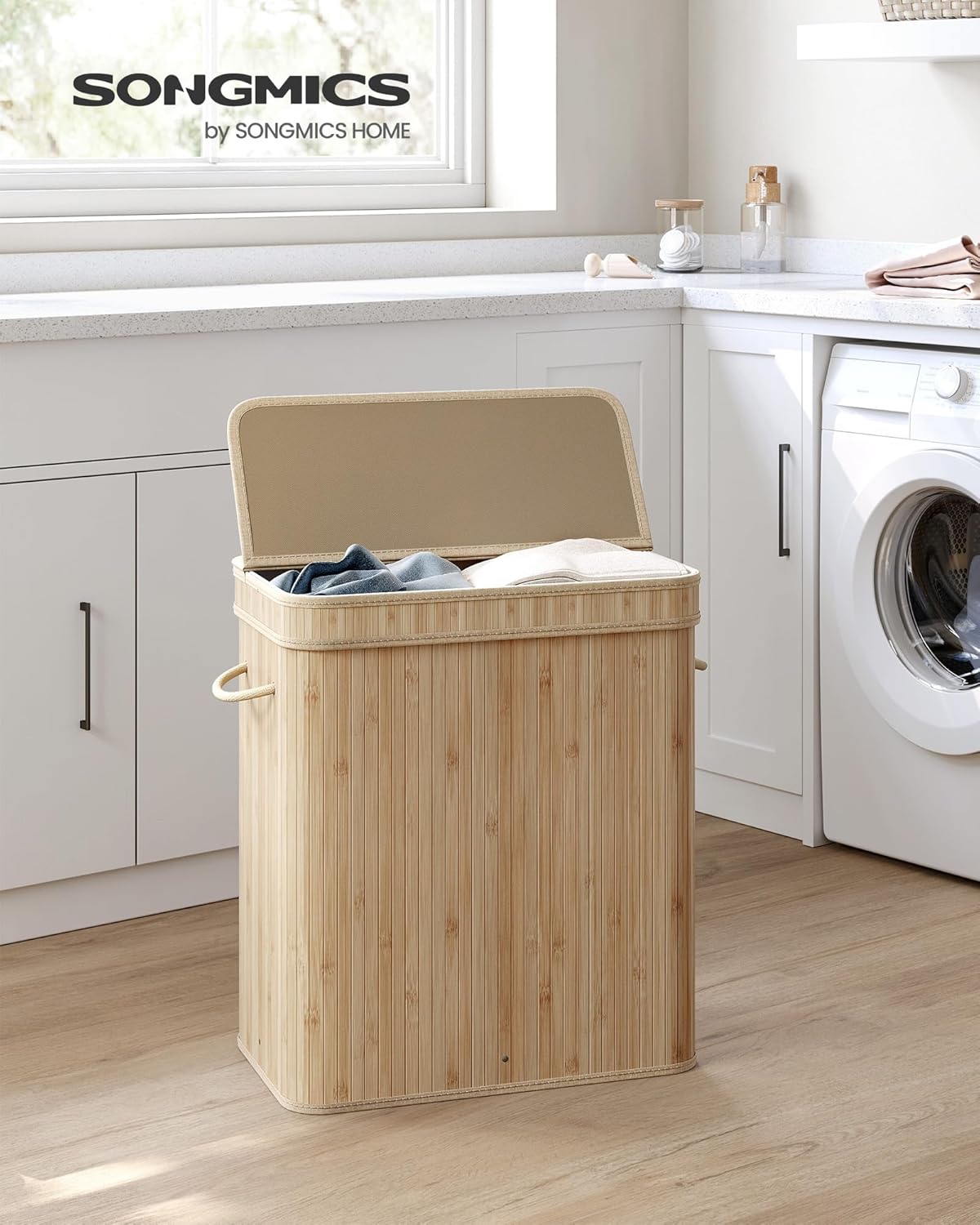 SONGMICS Cos de rufe din bambus cu capac 100L, sac textil detasabil, 55x35x61 cm, bej natur