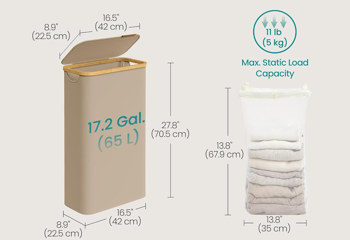 SONGMICS Cos rufe slim pentru spatii inguste, sac detasabil, 65 litri, 42x23x71 cm, maro bej