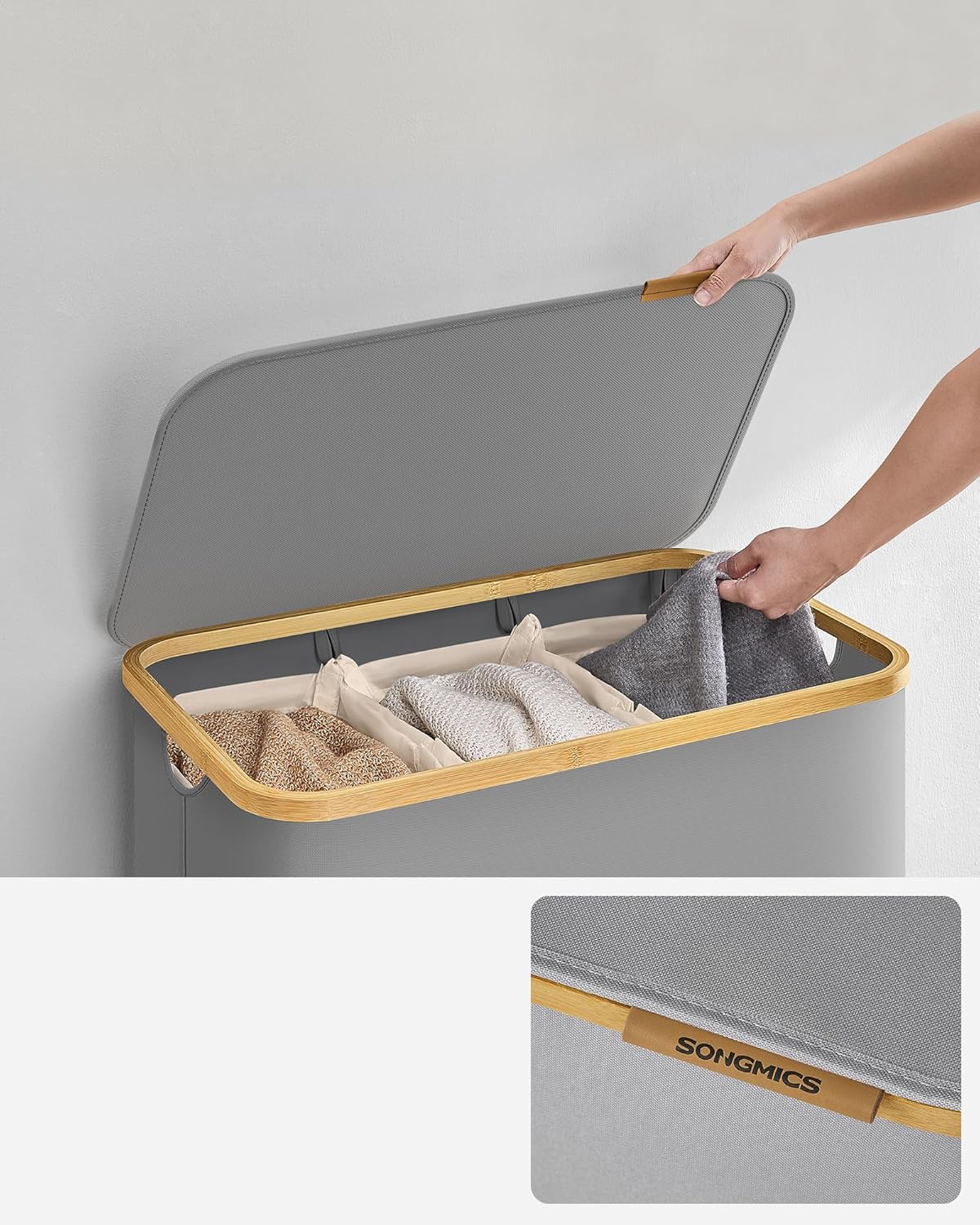 SONGMICS Cos de rufe textil, pliabil, cu 3 compartimente detasabile, 150L, 60x39x71 cm, gri