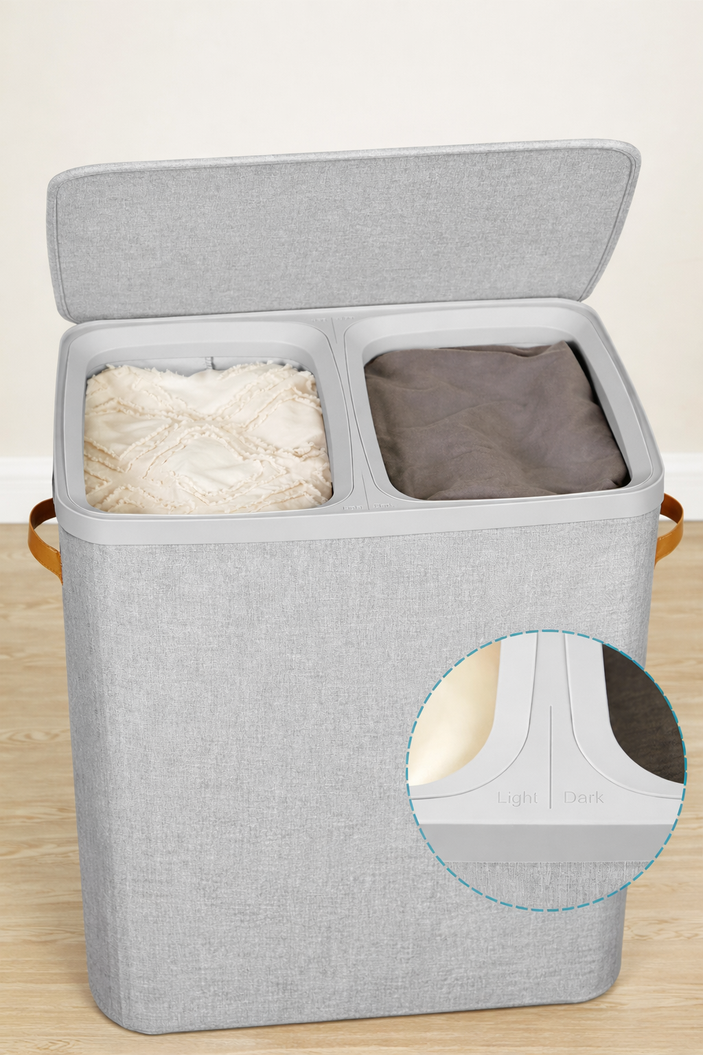 SONGMICS Cos rufe cu 2 compartimente si capac, saci detasabili cu maner, 170 litri, 56x40x75 cm, gri