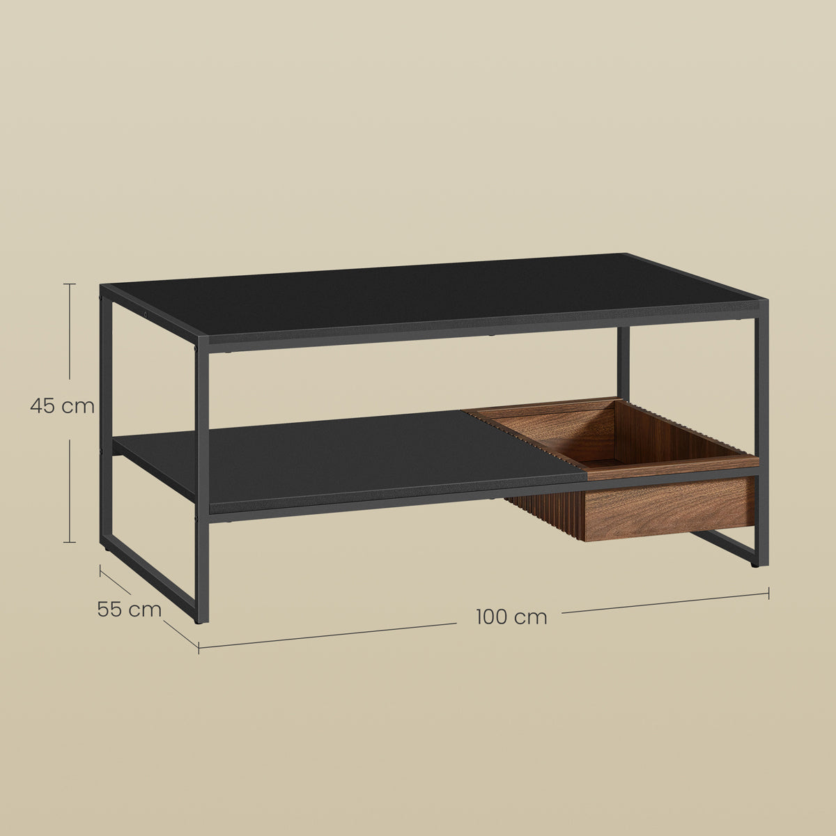 VASAGLE Masuta cafea cu sertar si raft inferior, structura otel, 100x55x45 cm, negru