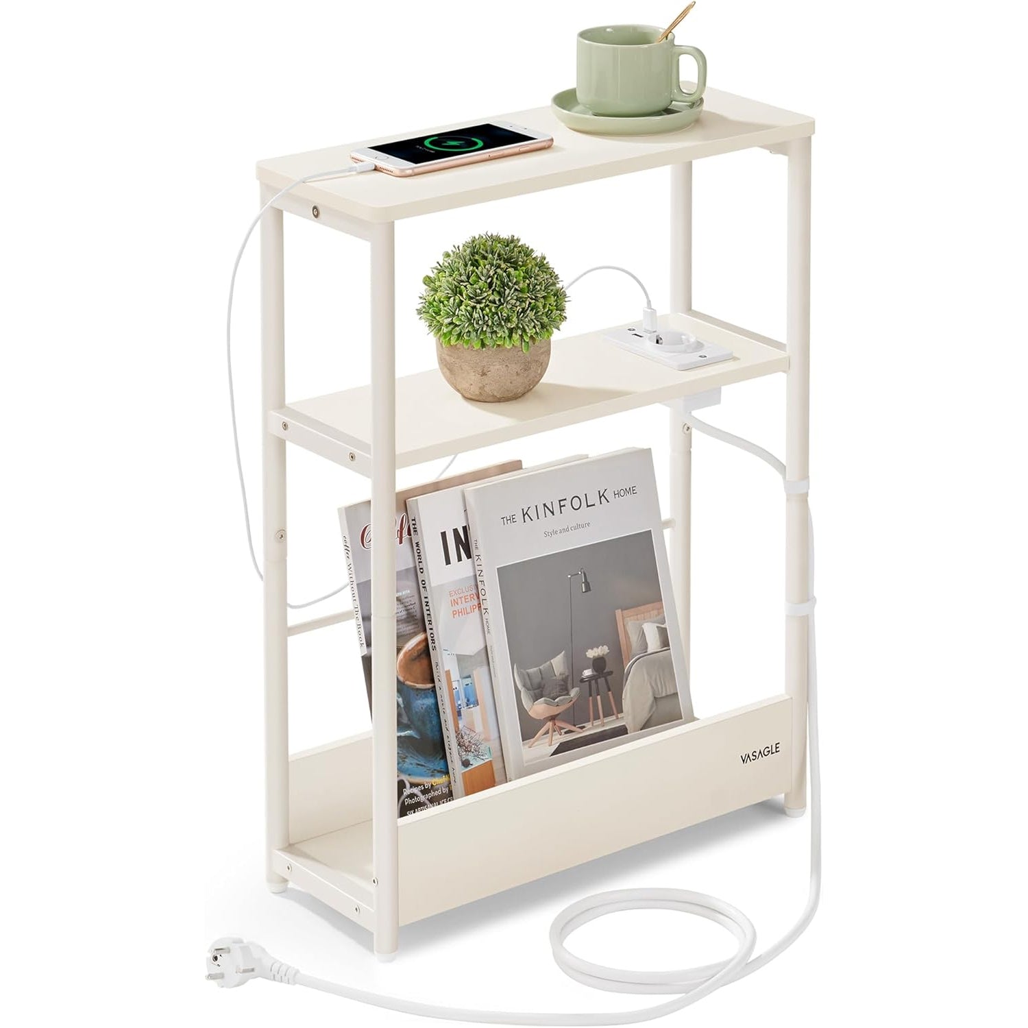 VASAGLE Masuta ingusta cu priza si porturi de incarcare USB, 3 rafturi, 45x18x58 cm, alb crem