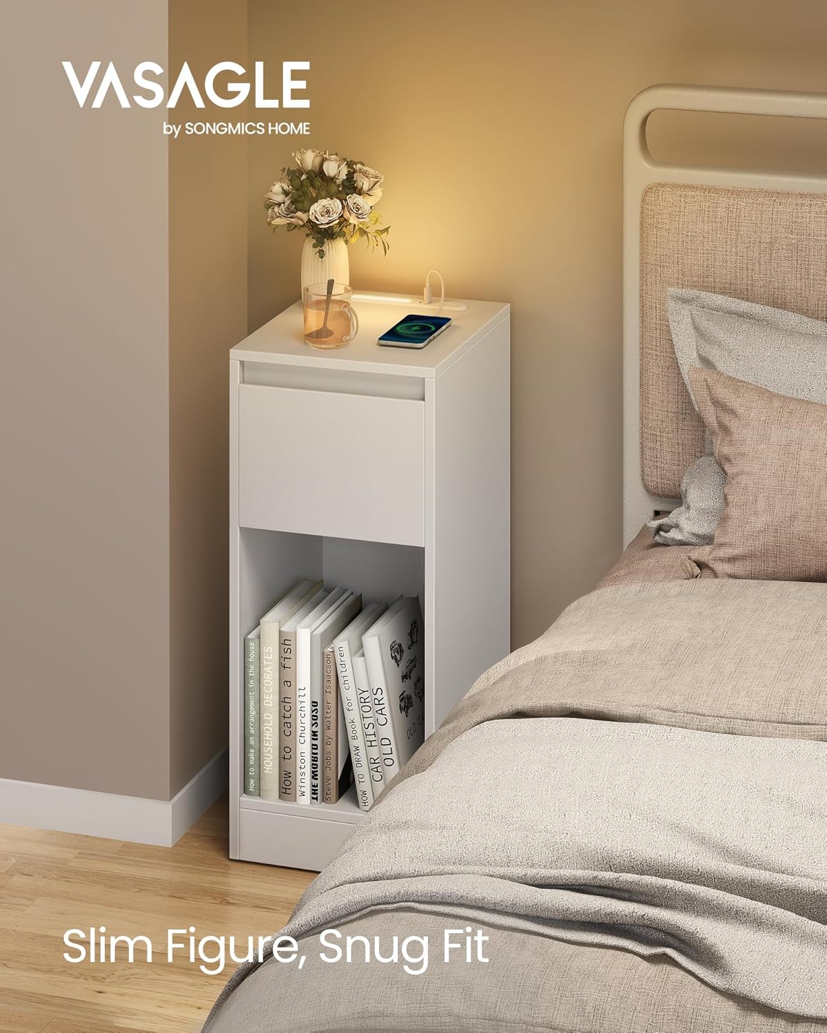 VASAGLE Noptiera slim cu LED si statie de incarcare cu 2 prize USB, MDF, 30x25x60 cm, alb
