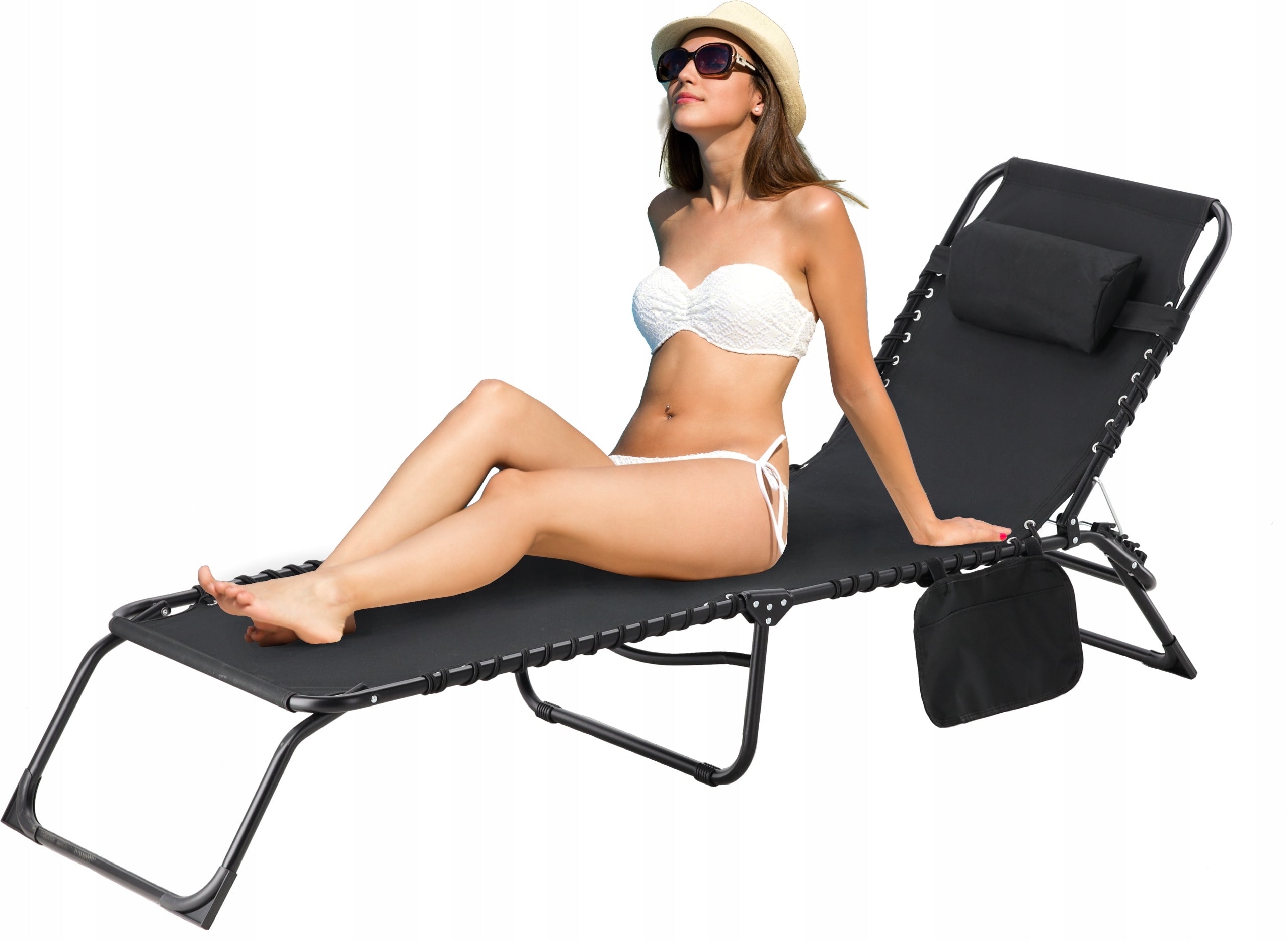 Sezlong pliabil 190x58x30 cm, cu spatar reglabil, perna si buzunar lateral, cadru metalic, negru