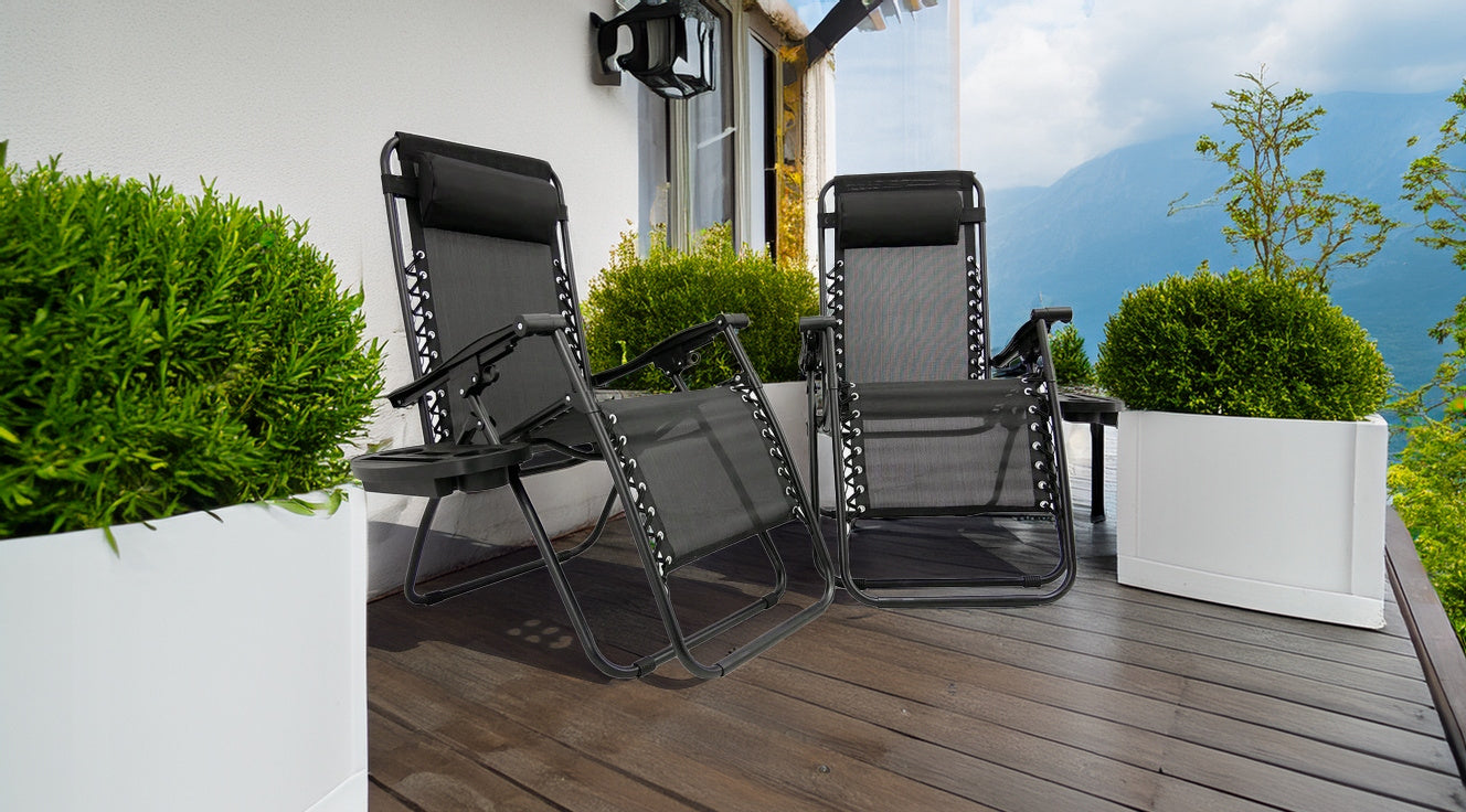 Sezlong pliant cu suport pahar, buzunar si perna, textilene, maxim 120 kg, 65x90x110 cm, negru