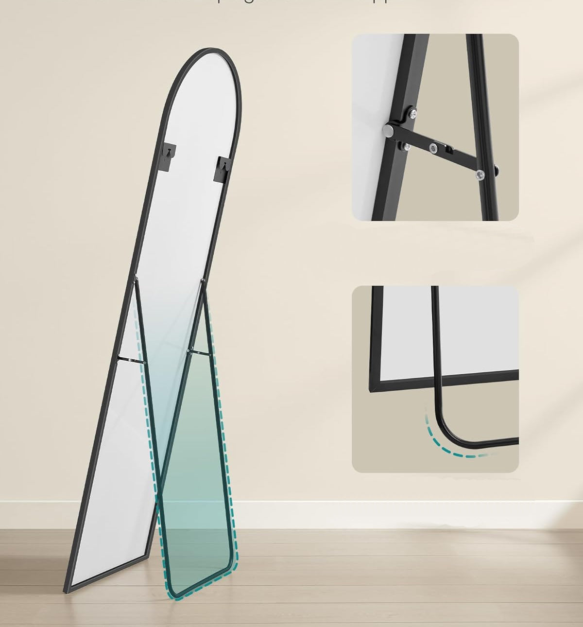 SONGMICS Oglinda podea, cu rama aluminiu si sticla securizata, design curbat, 160x50 cm, negru