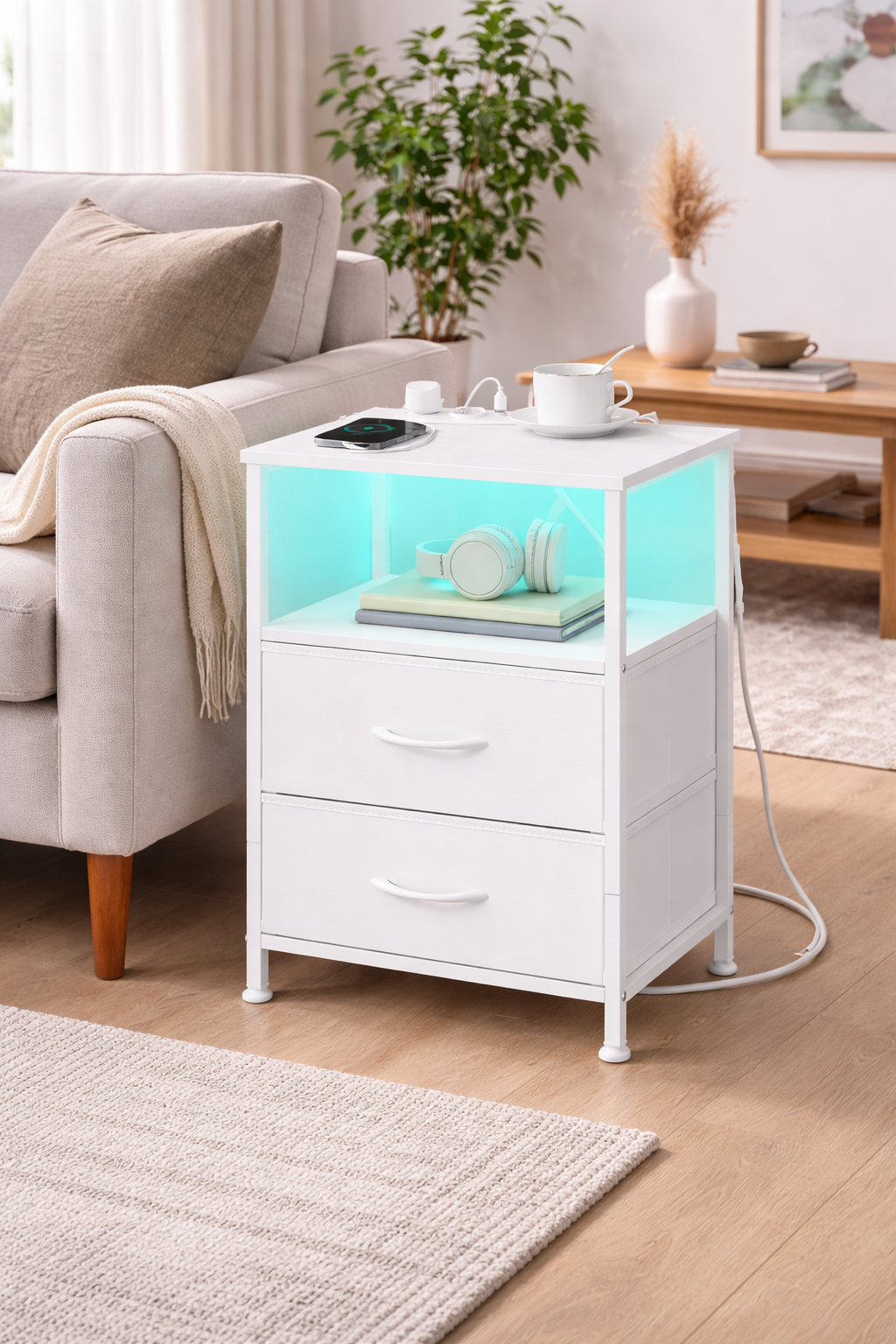 SONGMICS Noptiera cu statie de incarcare si iluminare LED, 2 sertare si raft deschis, control aplicatie, 40x35x60 cm, alb
