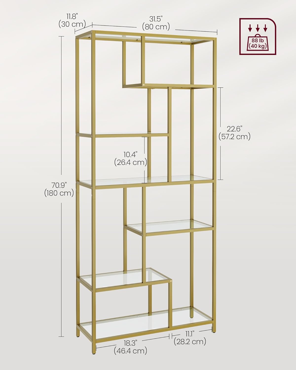 VASAGLE Biblioteca cu 6 polite din sticla securizata si cadru din otel, 80x30x180 cm, auriu