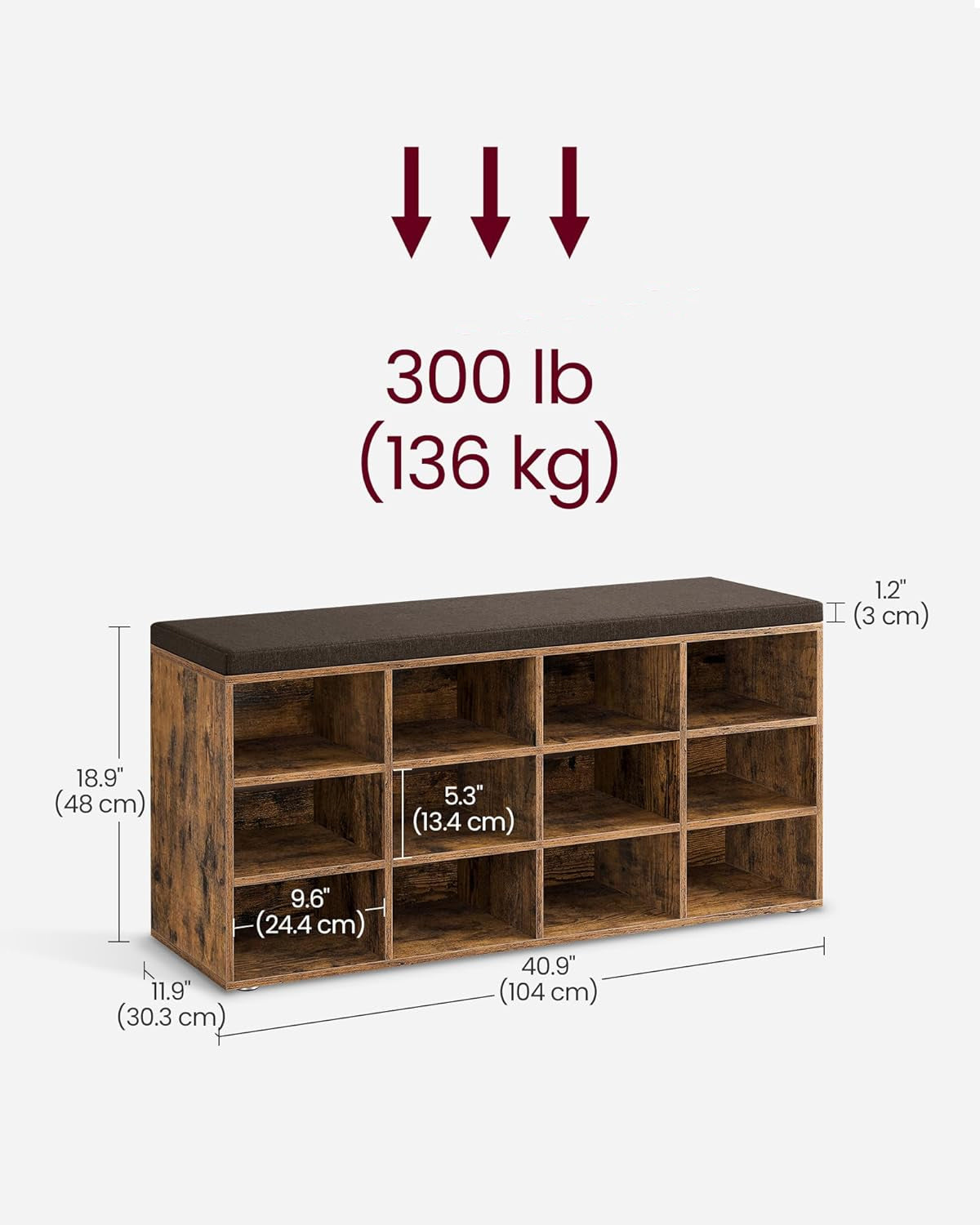 VASAGLE Pantofar cu banca cu 12 compartimente si perna, sarcina 136 kg, 104x30x48 cm, maro rustic