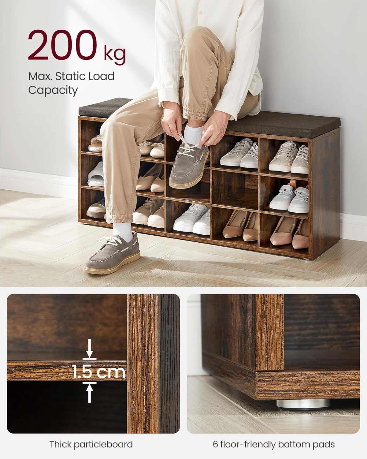 VASAGLE Banca pentru hol cu suport pentru pantofi, 15 compartimente, cu perna, 30x105x48cm, maro rustic