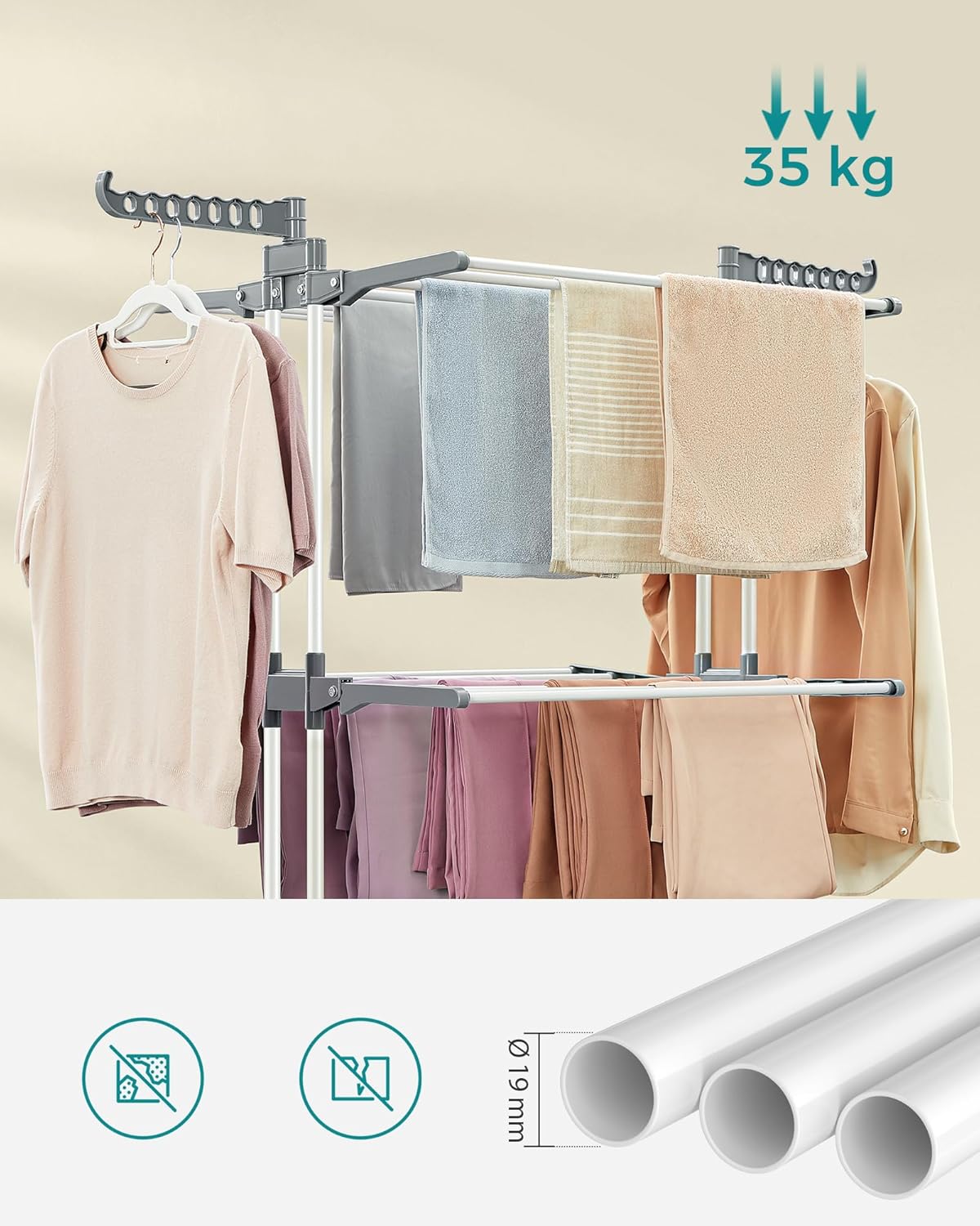 SONGMICS Uscator de rufe pliabil 4 niveluri, cu aripi laterale si roti, otel inoxidabil, 126x64x172 cm, alb