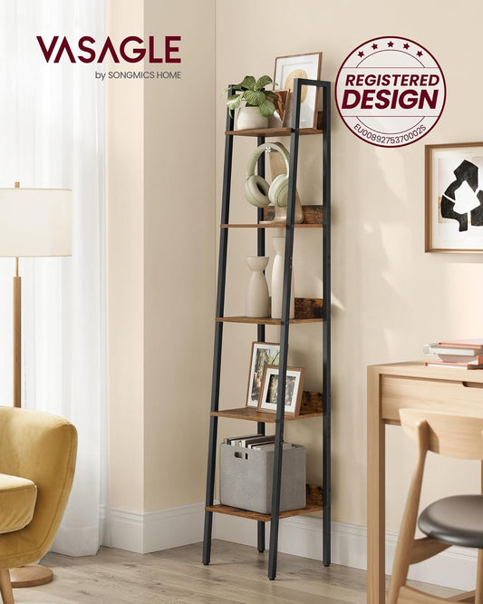 VASAGLE Biblioteca tip scara cu 5 rafturi, design industrial, cadru metalic si rafturi din PAL, 34x30x170 cm, maro rustic - 2