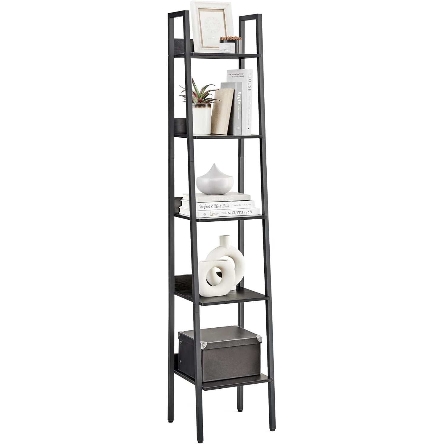 VASAGLE Biblioteca tip scara cu 5 rafturi, design industrial, cadru metalic si rafturi din PAL, 34x30x170 cm, negru