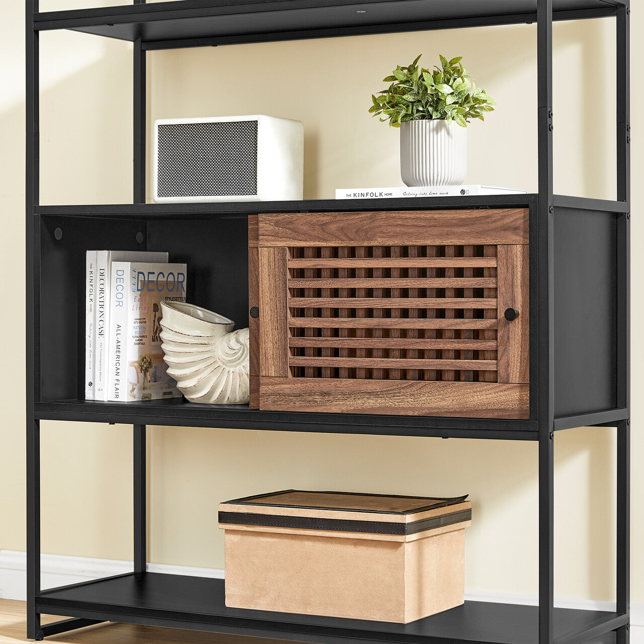 VASAGLE Biblioteca cu 5 rafturi si dulap, rama metalica si finisaj MDF nuc, 100x35x180 cm, negru