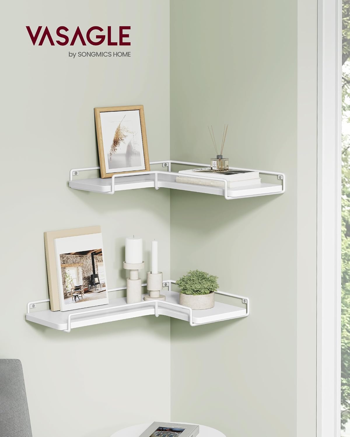 VASAGLE Set de 2 rafturi plutitoare de colt in forma de L, stil industrial, 40x29x14cm, alb