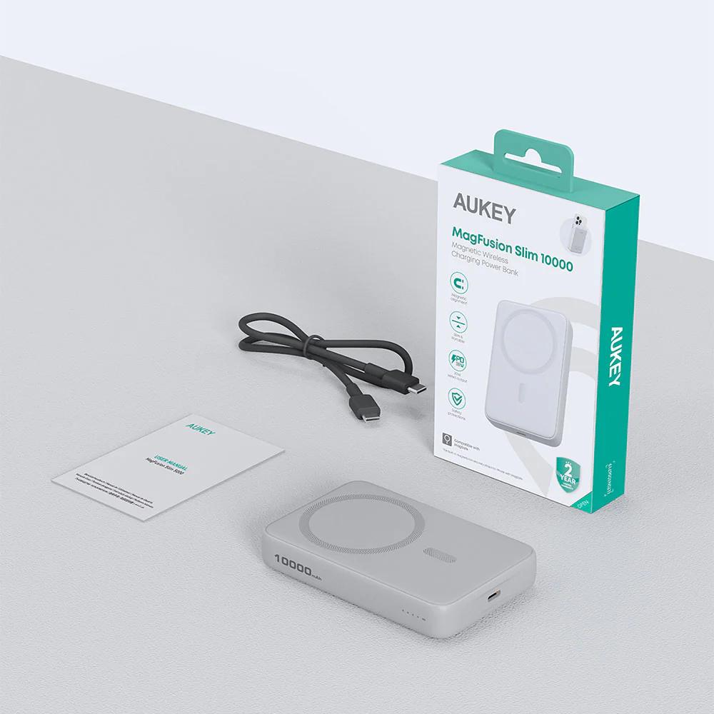 POWER BANK Aukey "PB-MS04" 10.000 mAh, 20W wireless, magnetic, 1 x USB-C, 202.8g, alb, "LLTSN1056726" - 689323790036