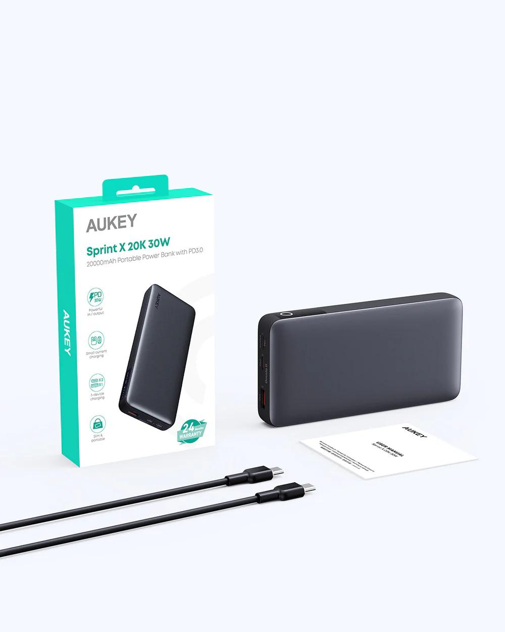 POWER BANK Aukey "PB-Y42" 20.000 mAh, 30W incarcare rapida 3-in-1, 2 x USB-C, 1 x USB-A, 378g, negru, "LLTSN1047247" - 689323786428