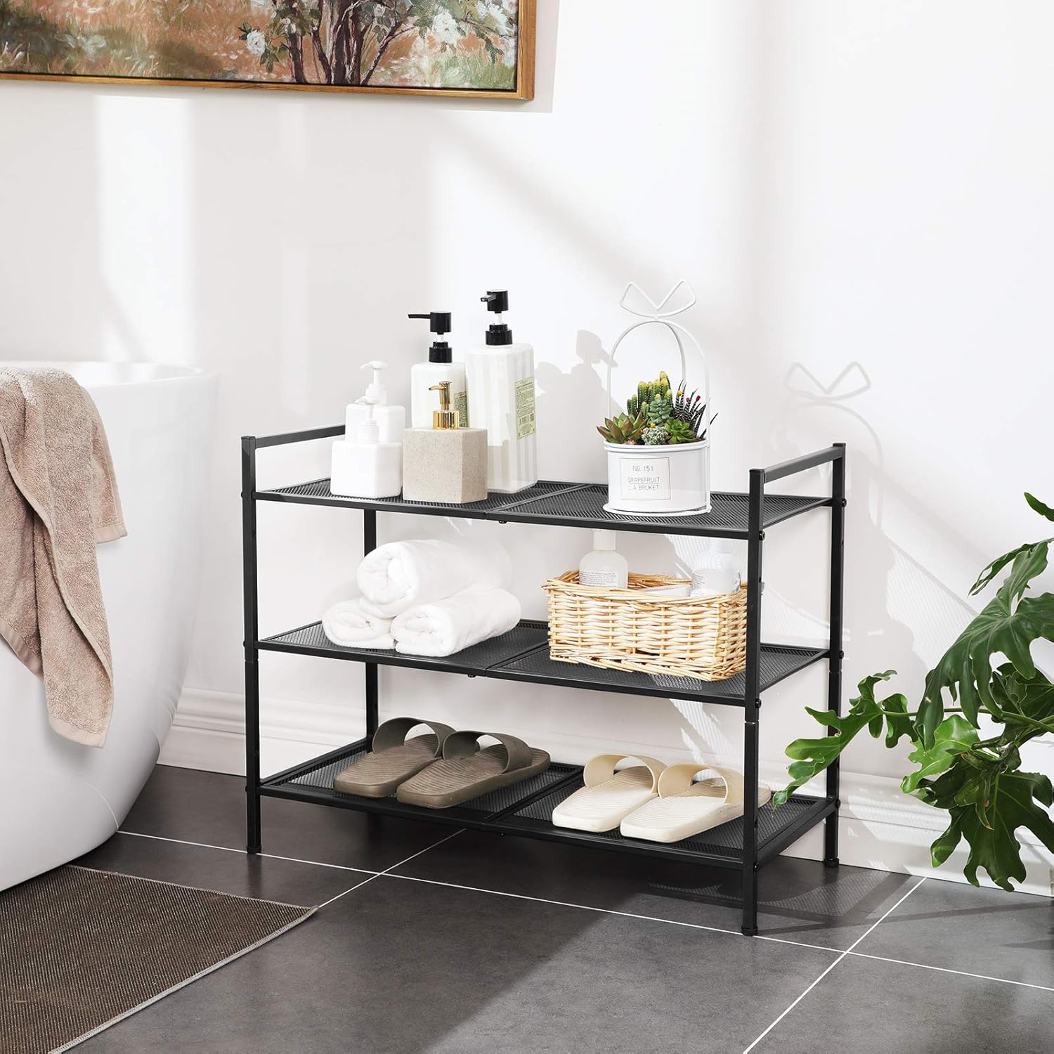 SONGMICS Etajera pantofi 3 niveluri, metalica, suprapozabila, 68x30x53 cm, negru