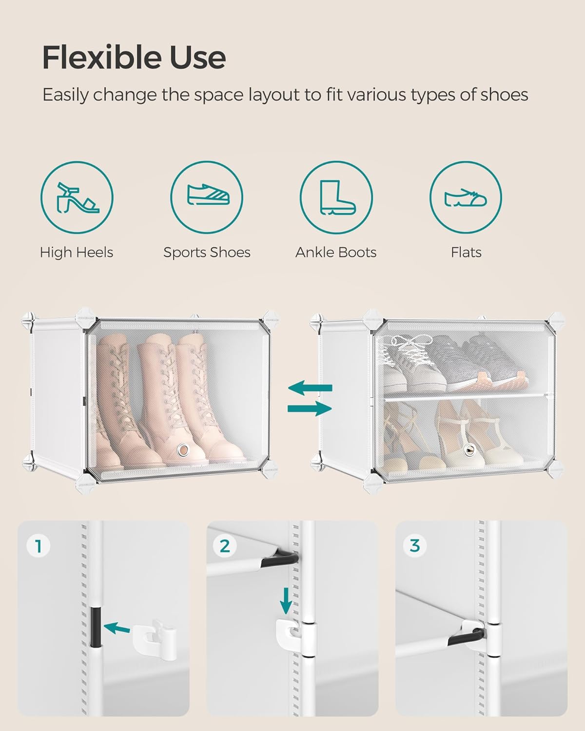 SONGMICS Organizator pantofi modular cu 12 compartimente, cadru metalic si panouri din plastic, cu usi, 124x32x125 cm, alb