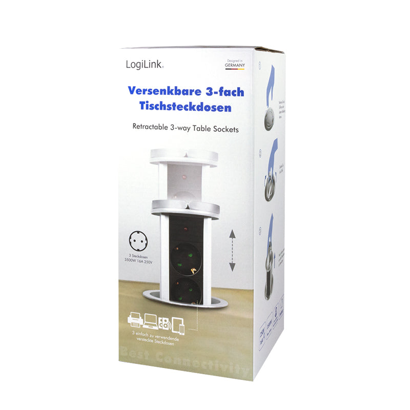 PRELUNGITOR LOGILINK, mecanism ridicare/coborare, indicator LED, Schuko x 3, 230 V/16 A 3500 W max, cablu 3G 1.5mm2, 1.8 m, argintiu/negru/alb "LPS235A" (include TV 0.18lei)