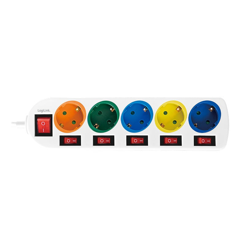 PRELUNGITOR LOGILINK, Schuko x 5, conectare prin Schuko (T), cablu 1.5 m, 16 A, protectie copii, alb/ multicolor, "LPS258"