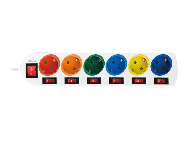 PRELUNGITOR LOGILINK, Schuko x 6, conectare prin Schuko (T), cablu 1.5 m, 16 A, protectie copii, alb/ multicolor, "LPS259"