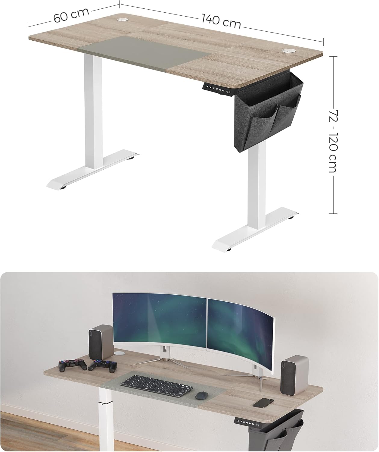 SONGMICS Birou cu reglaj electric pe inaltime, memorie cu 4 inaltimi, 60x140x(72-120)cm, gri stejar