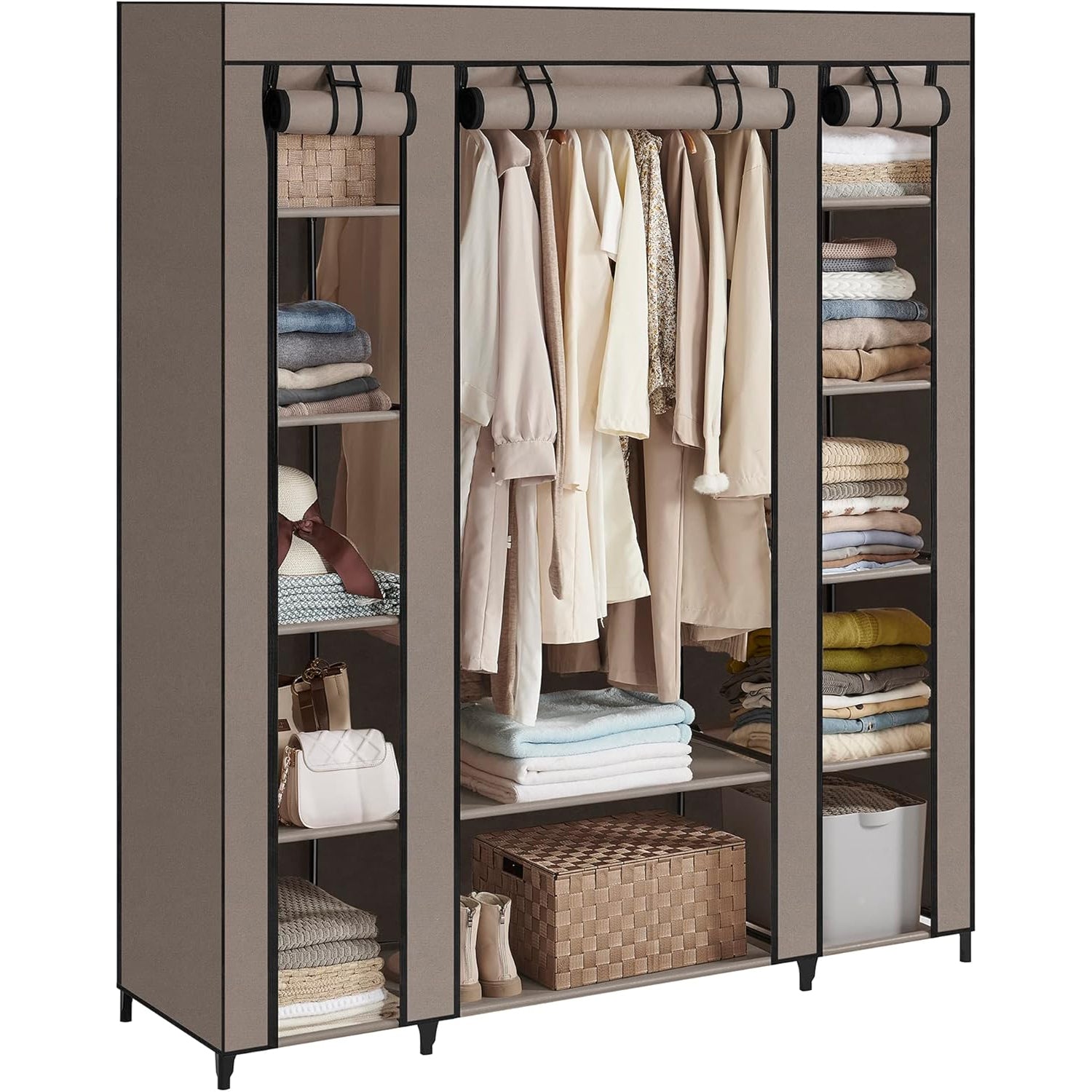 SONGMICS Garderoba din material textil, dulap portabil, cu rafturi si sina de agatat, 150x45x175cm, taupe