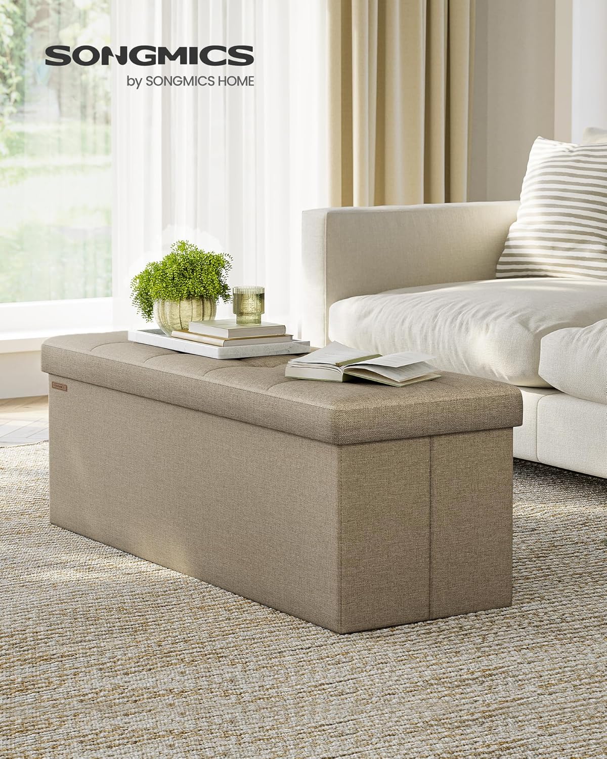 SONGMICS bancheta pliabila cu spatiu de depozitare 110x38x38 cm, MDF si material textil, capacitate 300 kg, maro camel