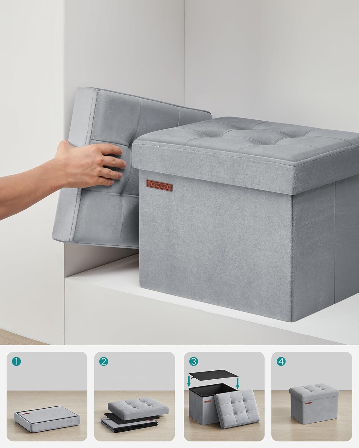 SONGMICS Taburet pliabil cu spatiu de depozitare, catifea matlasata, 31x41x31 cm, 130 kg, gri