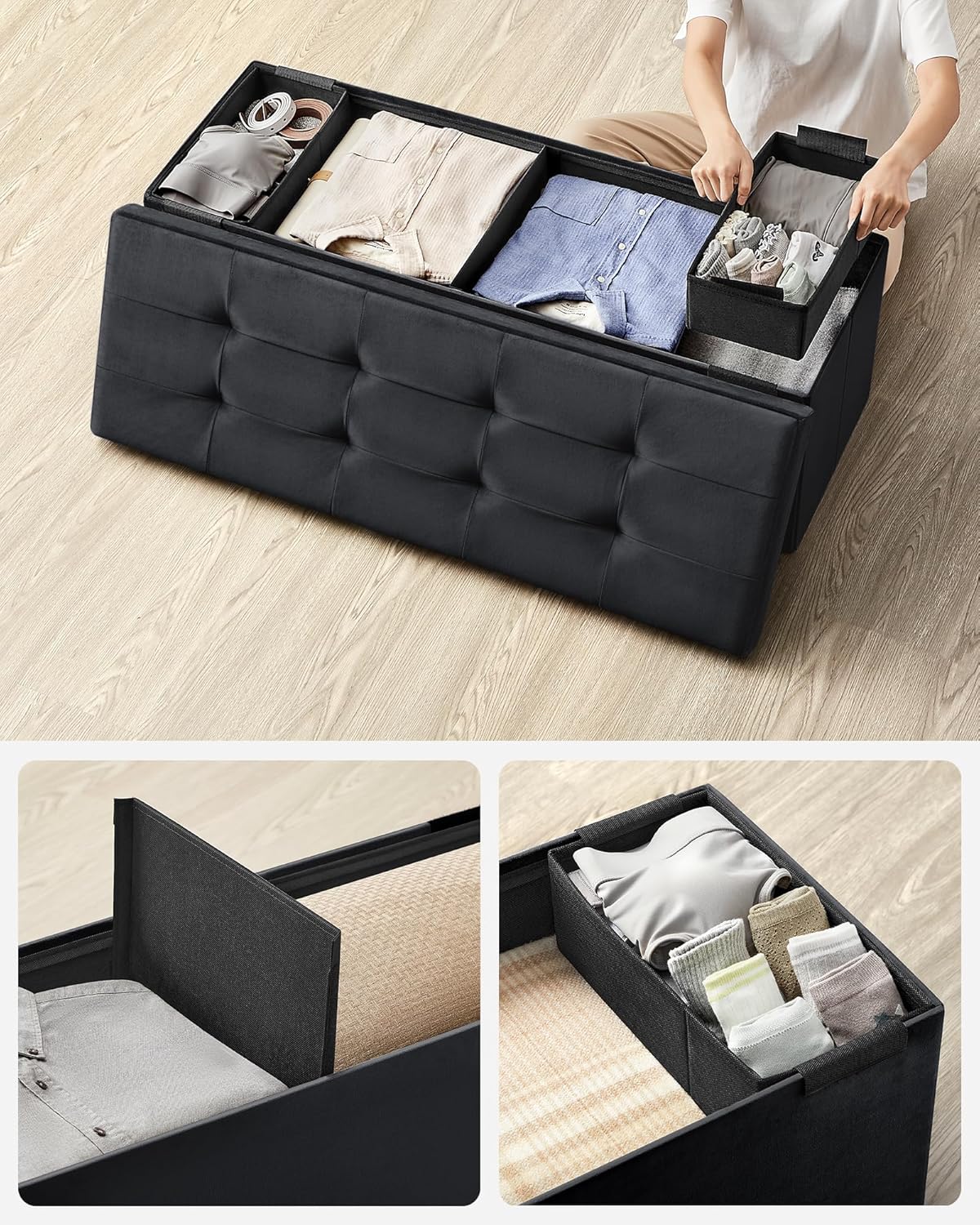 SONGMICS Bancuta pliabila cu spatiu de depozitare, catifea matlasata, 38x110x38 cm, capacitate 300 kg, negru