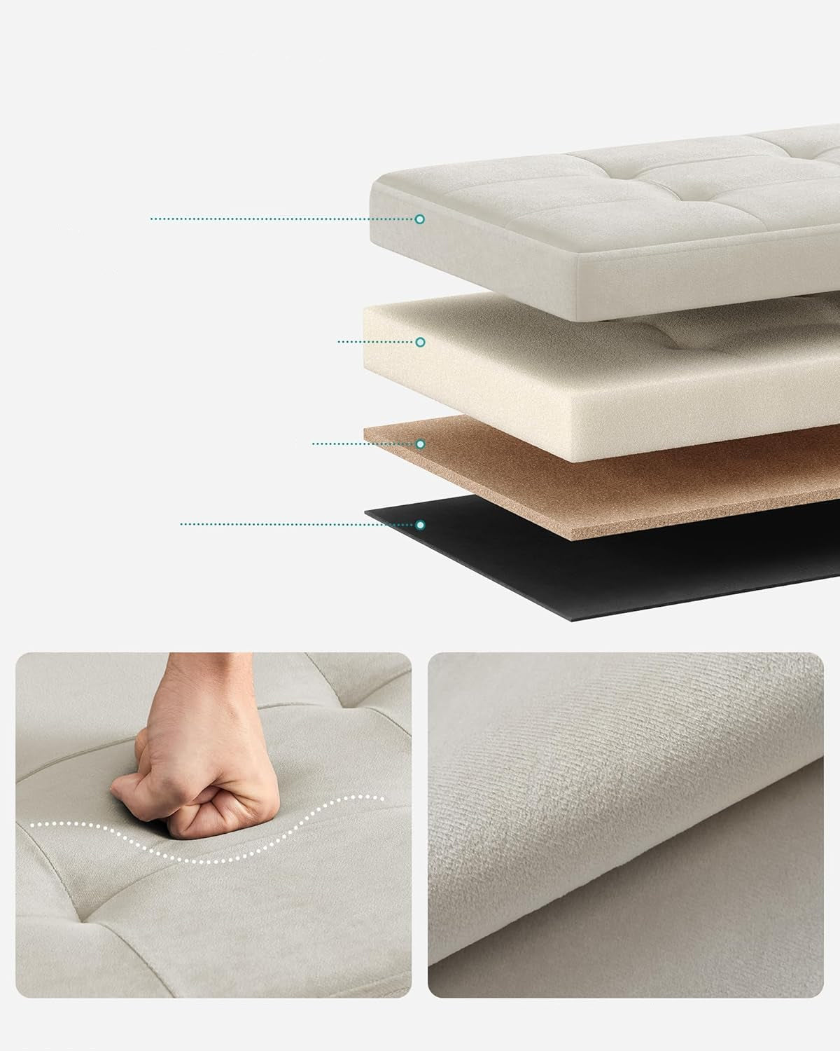 SONGMICS Bancuta pliabila cu spatiu de depozitare, catifea matlasata, 38x110x38 cm, capacitate 300 kg, alb cream