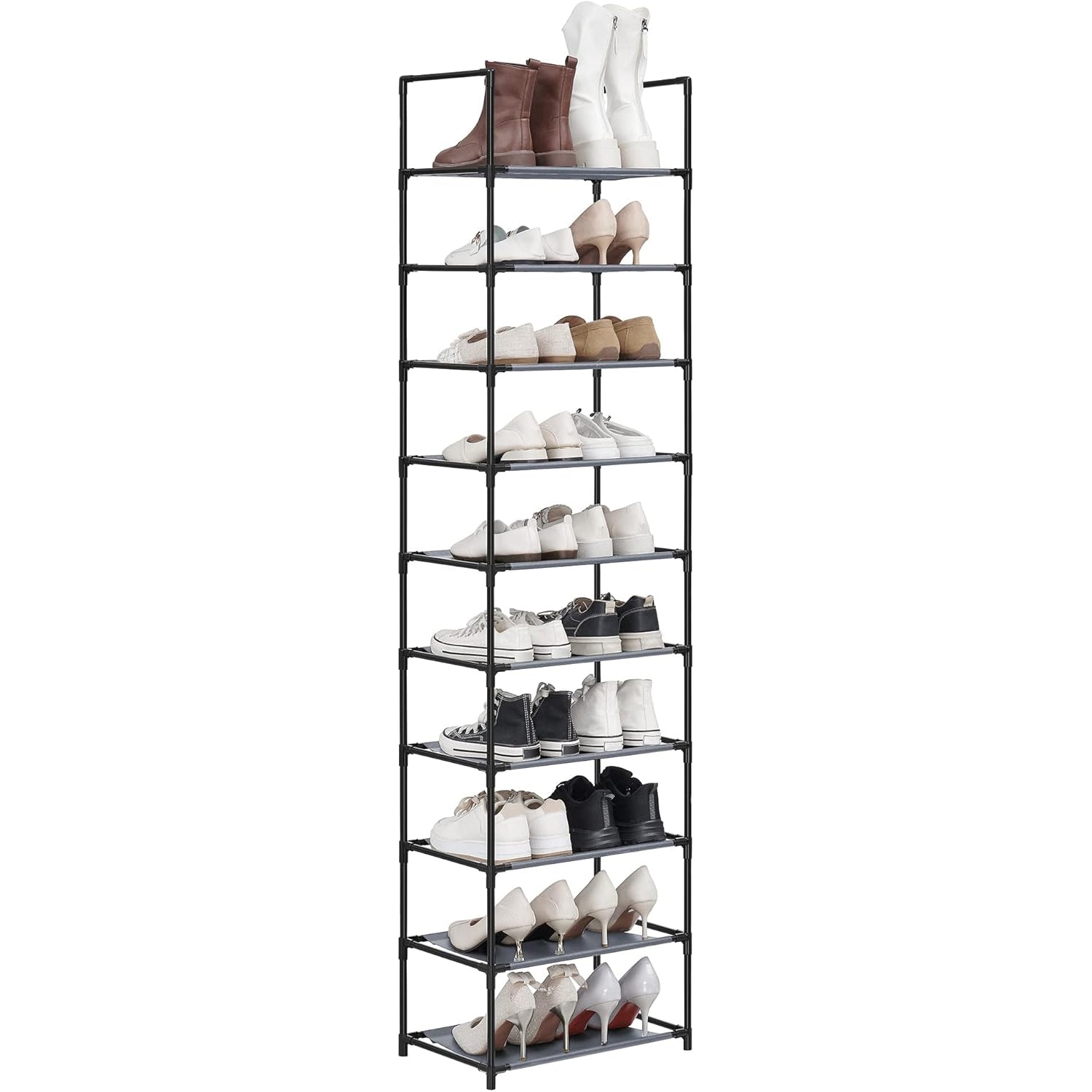 SONGMICS Pantofar cu 10 niveluri, cadru metalic si rafturi textile, 28x45x173 cm, gri
